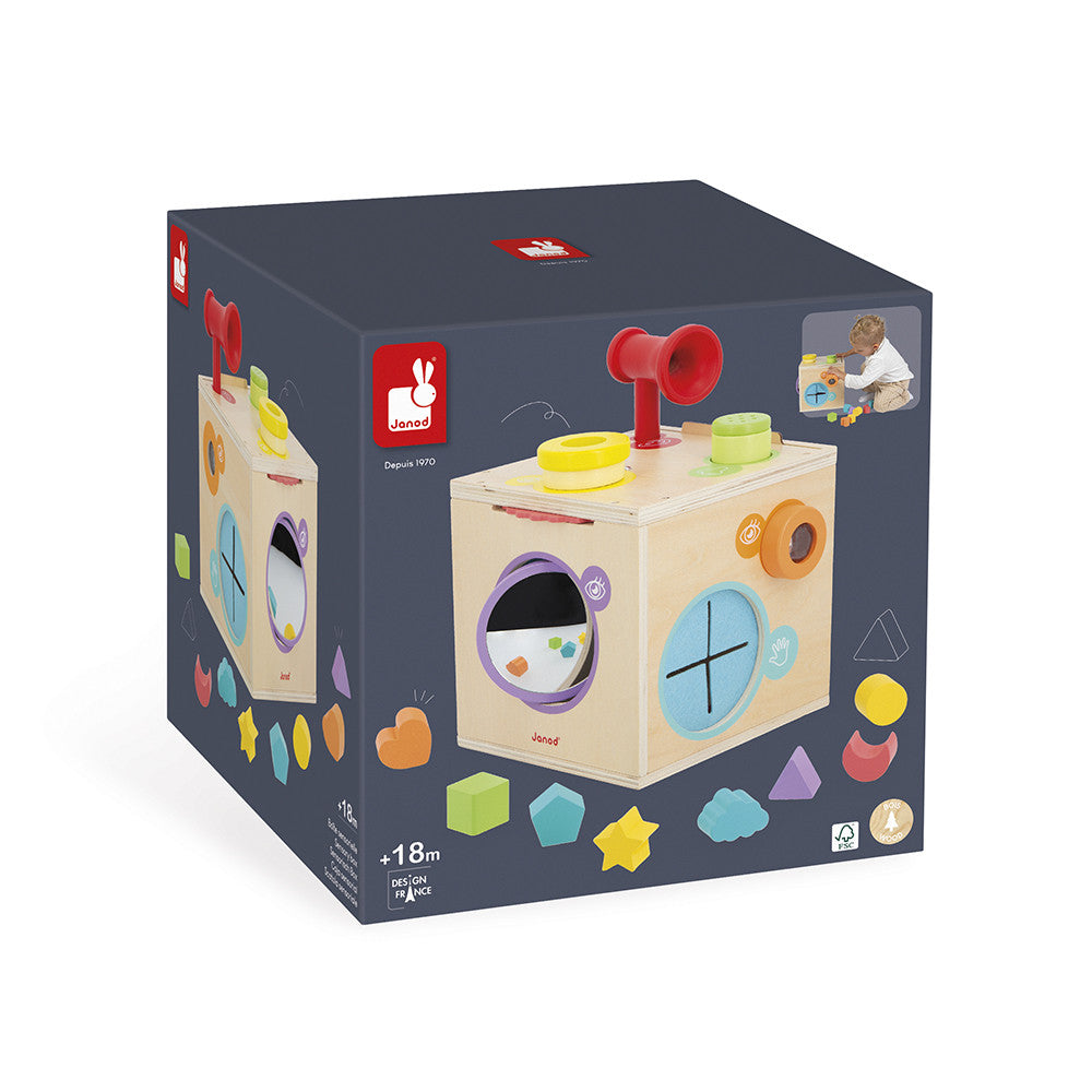 Toy box packaging with colorful shapes and a brand logo on a white background