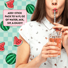 Person drinking a pink beverage from a glass with watermelon illustrations and text on a checkered background.