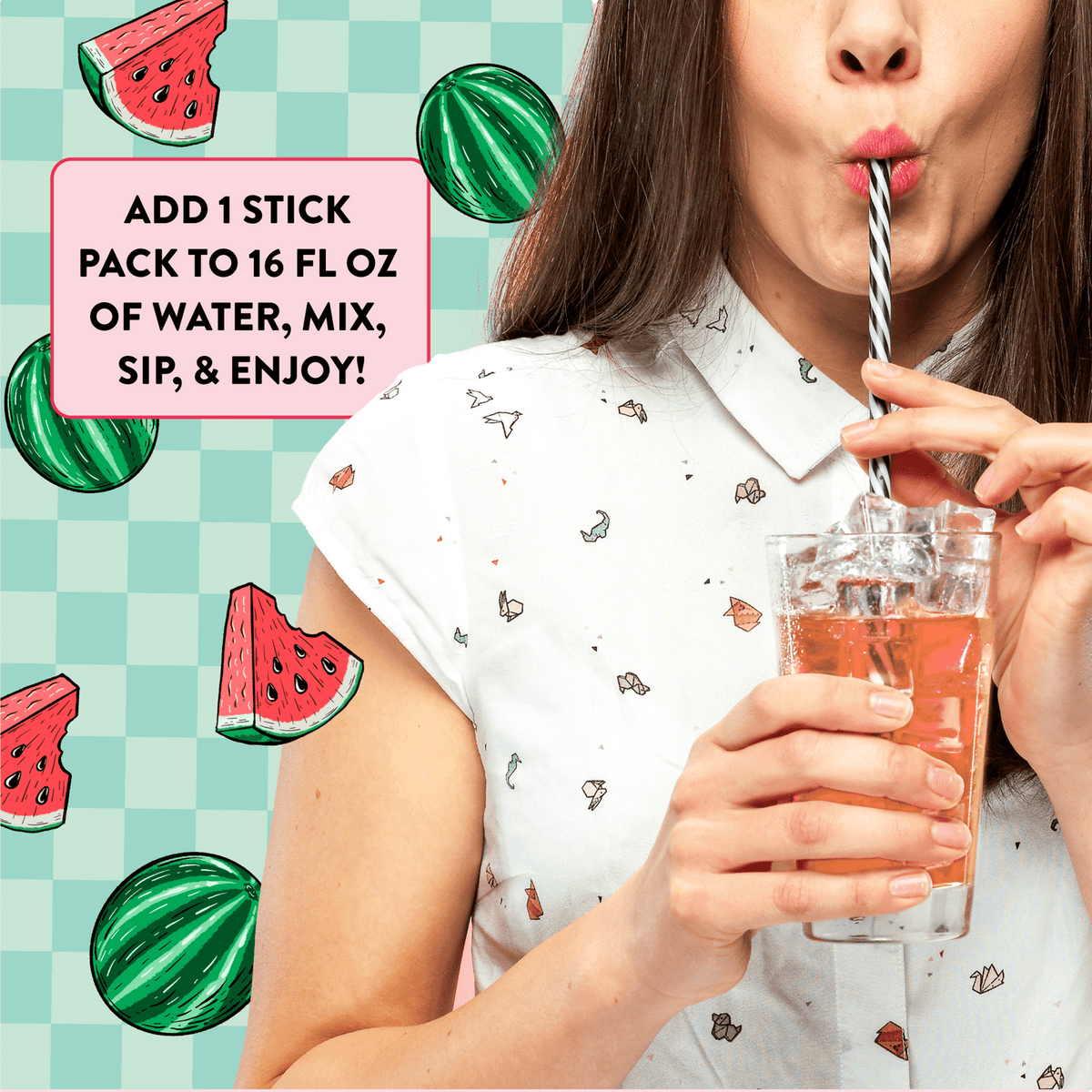 Person drinking a pink beverage from a glass with watermelon illustrations and text on a checkered background.