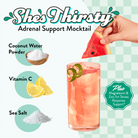 She's Thirsty adrenal support mocktail with ingredients and a glass of pink drink.