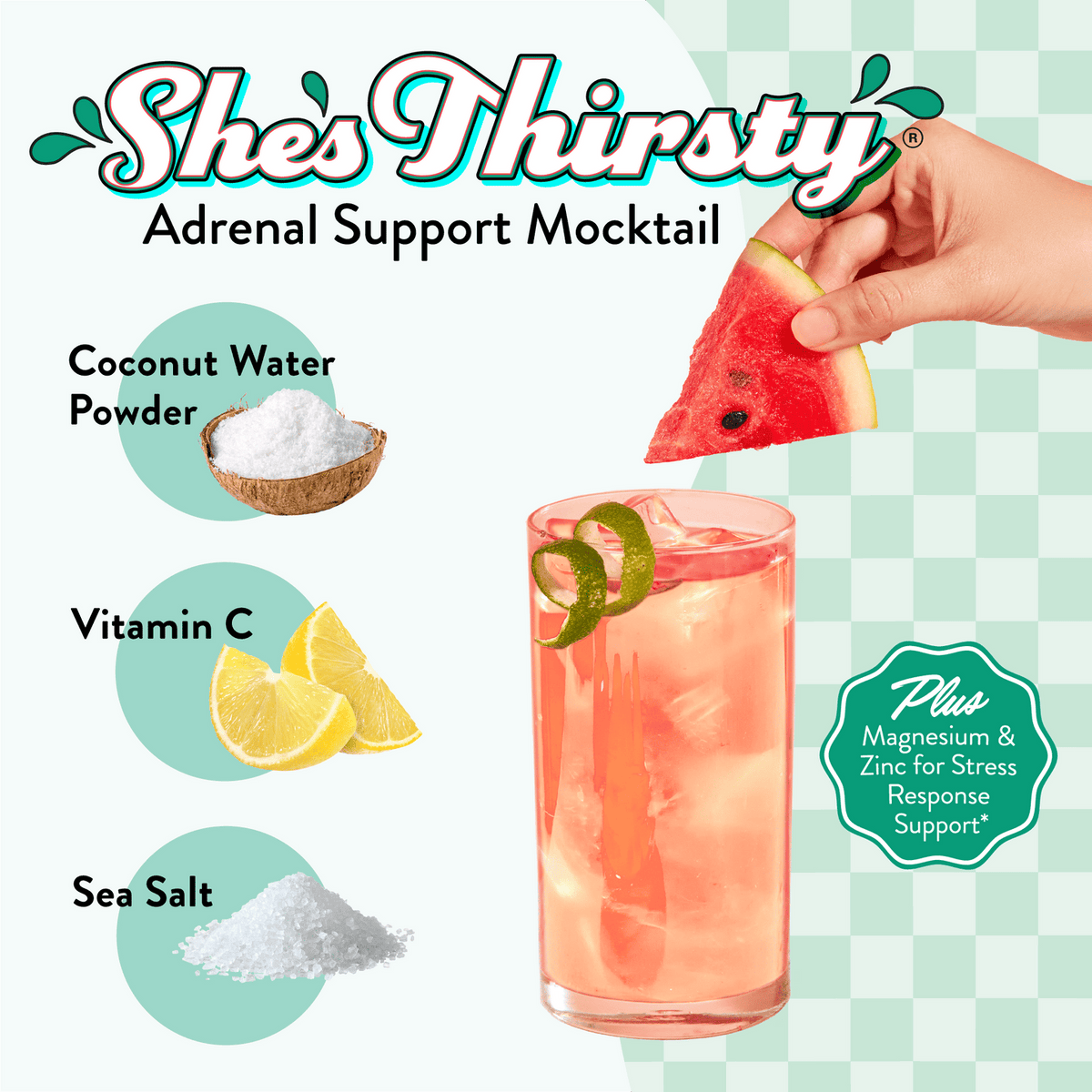 She's Thirsty adrenal support mocktail with ingredients and a glass of pink drink.