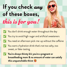Promotional graphic with a woman holding a drink, text about hydration needs, and a checkered background.