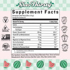 Supplement facts label for 'She's Thirsty' product with nutritional information and icons on a checkered background.