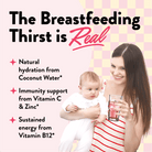 Woman holding a baby and drinking from a glass with text about breastfeeding benefits on a checkered background
