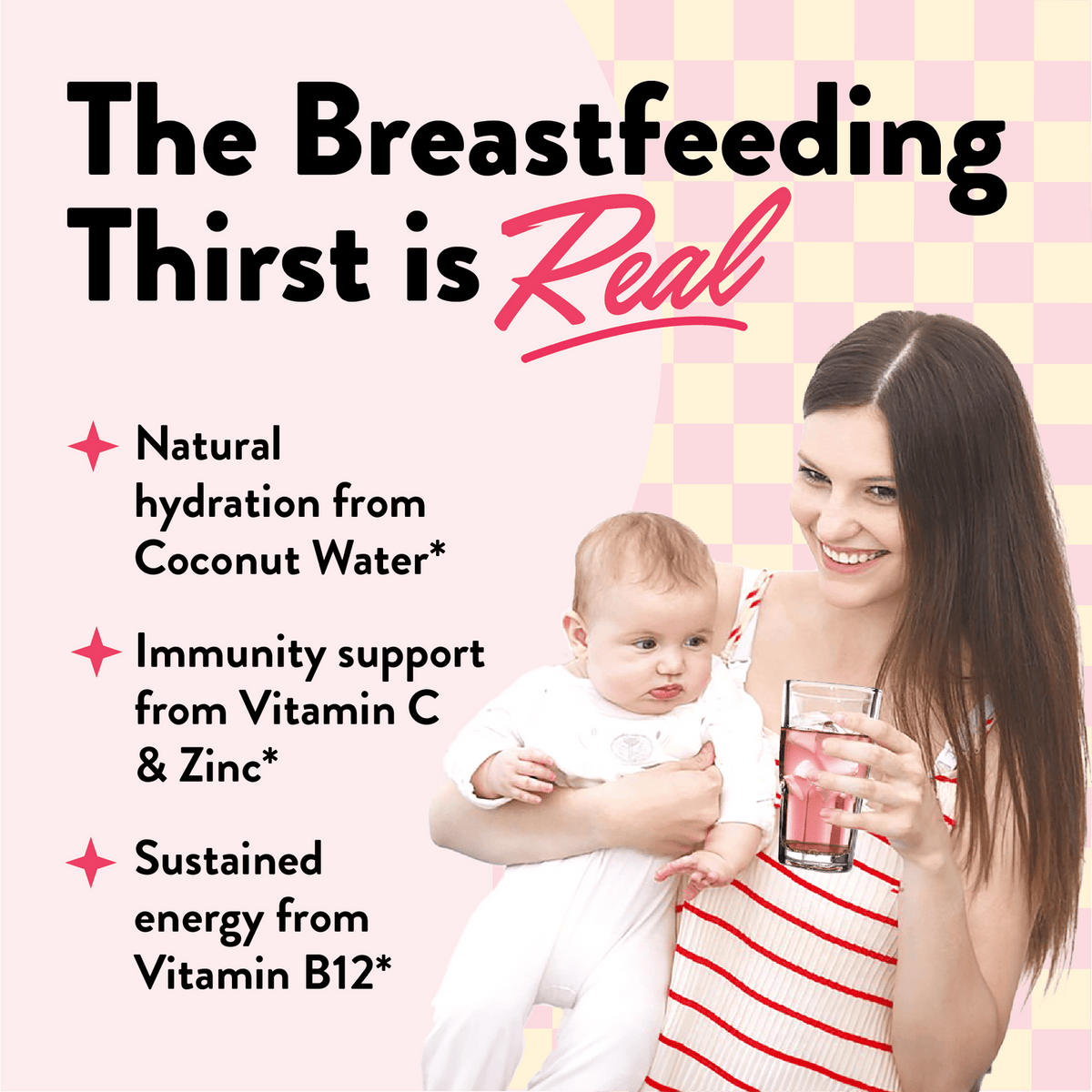 Woman holding a baby and drinking from a glass with text about breastfeeding benefits on a checkered background