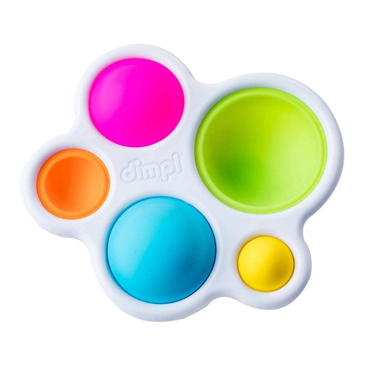Colorful fidget toy with five raised circular buttons on a white background