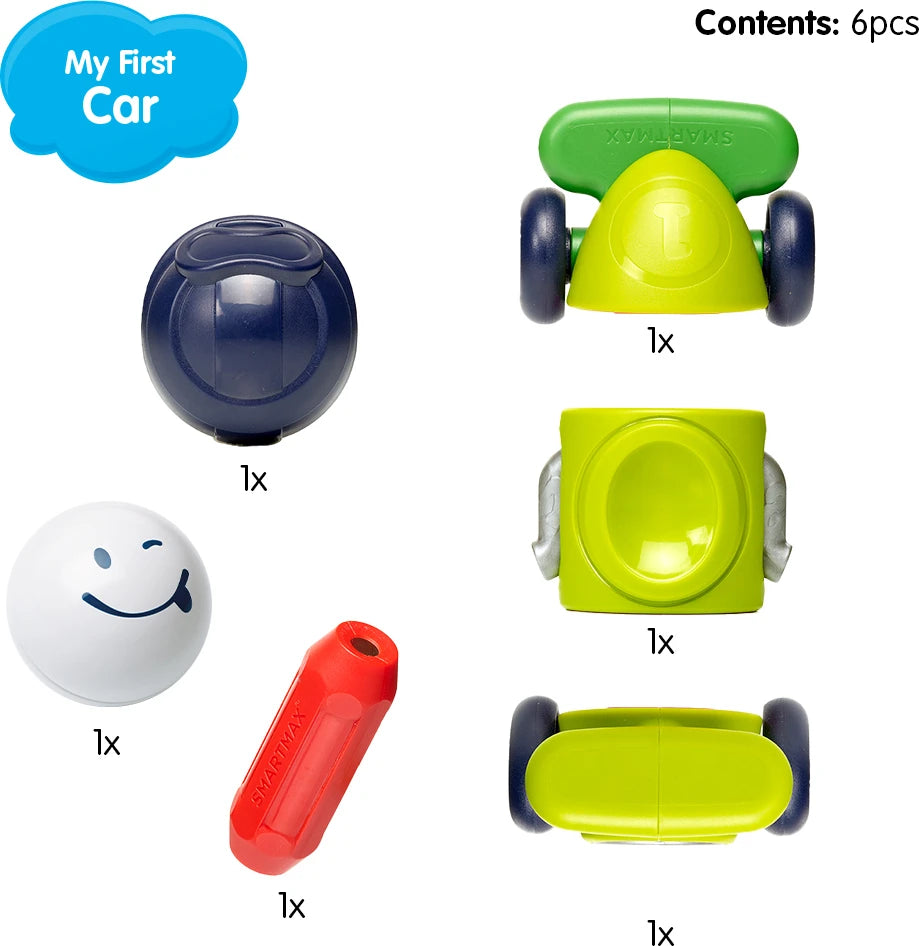 SmartMax My First Car 6-piece set contents layout displaying a dark blue roof piece, a white smiling face ball figure, a red magnetic bar, a green car chassis with wheels, a lime green middle car block, and a curved yellow-green base piece.