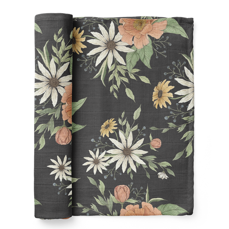 Peony Blooms Muslin Swaddle - Charcoal Grey by Mini Wander