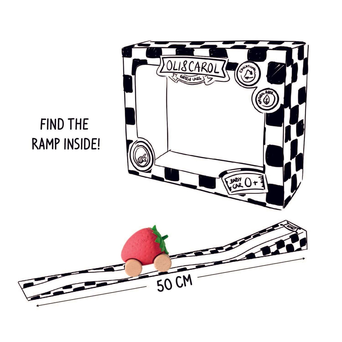 A strawberry-shaped wooden toy car rolling down a 50 cm black-and-white checkered ramp that folds out from its reusable packaging box.