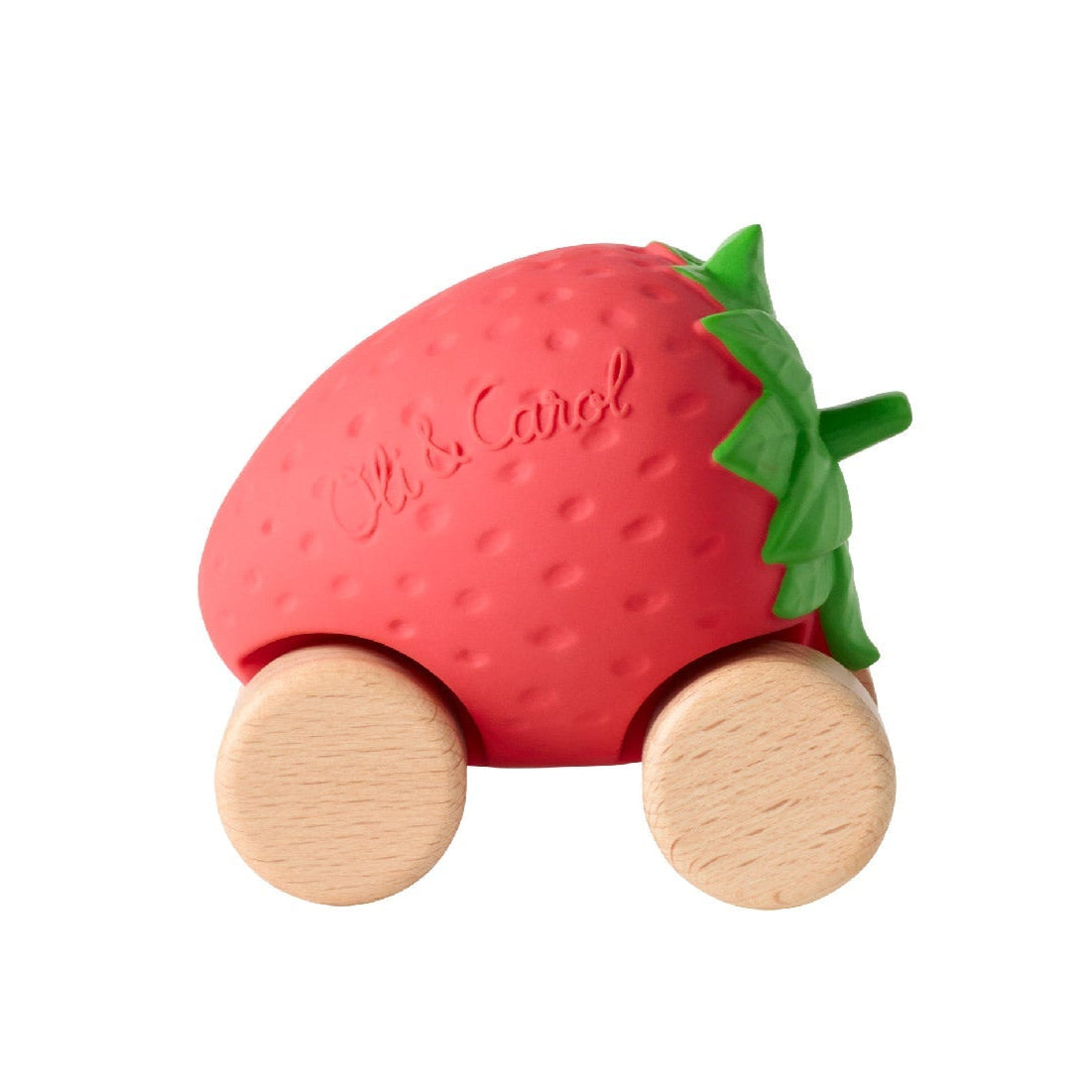 A strawberry-shaped wooden toy car with a red textured body, green leafy top, and natural wood wheels.