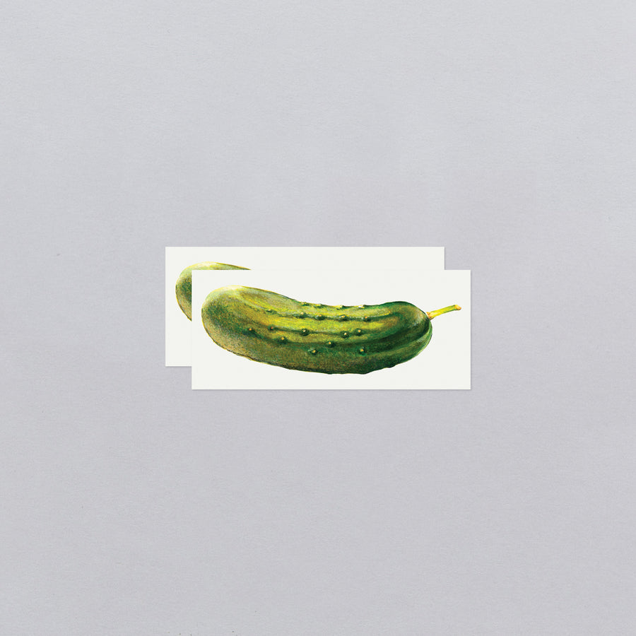 Two pickles on a white background with a gray border