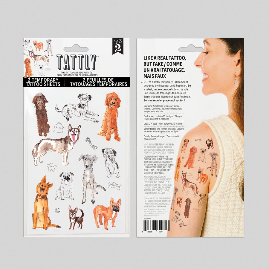 Tattly temporary tattoo sheets with dog designs and a model wearing tattoos on a gray background