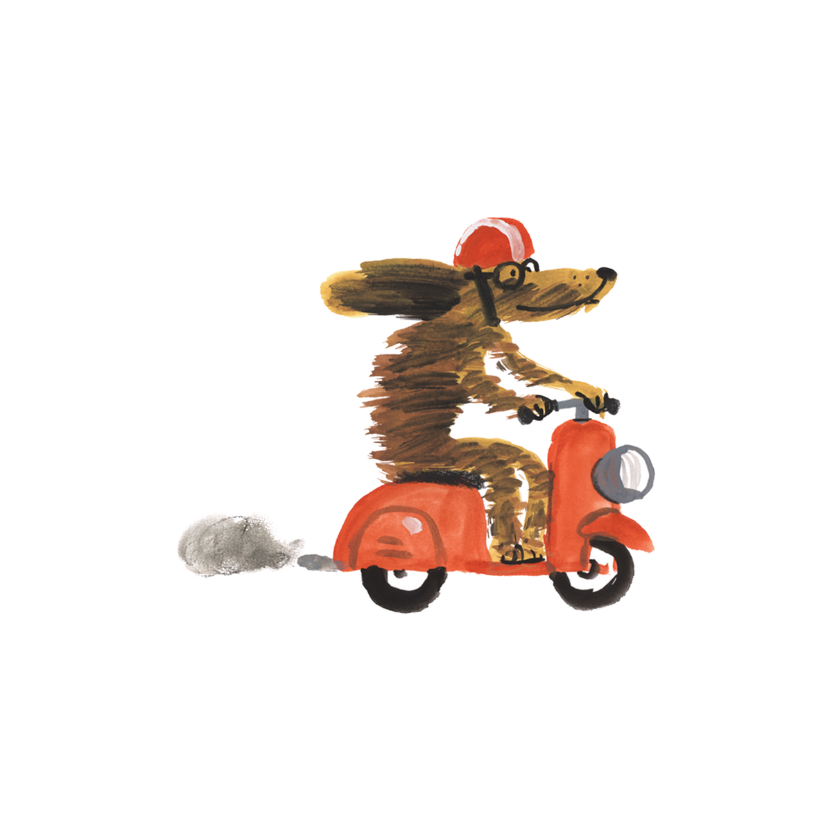 A whimsical watercolor illustration of a brown dog riding an orange scooter on a plain white background. The dog wears a red helmet and glasses, with a small gray cloud-like puff coming from the back of the scooter.