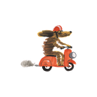A whimsical watercolor illustration of a brown dog riding an orange scooter on a plain white background. The dog wears a red helmet and glasses, with a small gray cloud-like puff coming from the back of the scooter.