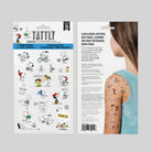 Tattly temporary tattoo packaging with cartoon designs and a person wearing tattoos on a gray background