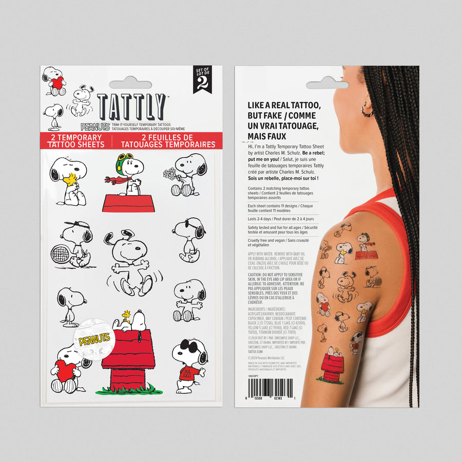 Tattly temporary tattoo packaging with cartoon characters and a model wearing tattoos.