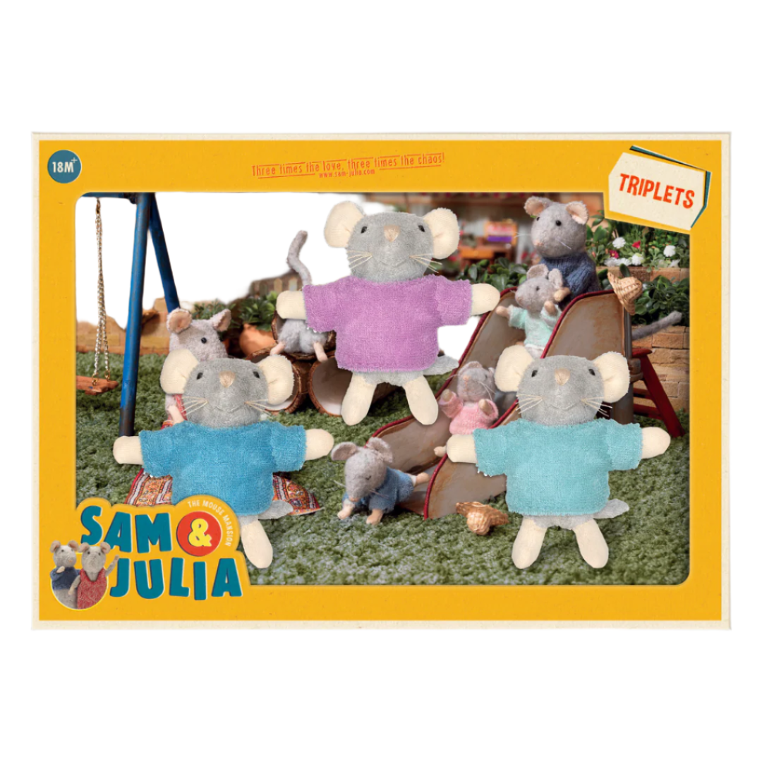 A boxed set of Sam & Julia Triplets plush mouse toys, shown in its yellow retail packaging with the H&M logo and character branding visible on the box front.