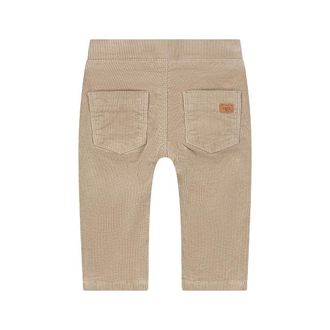 Back view of a pair of beige corduroy pants for toddlers, featuring two back pockets and a small brown brand patch on the right pocket, shown against a plain white background.