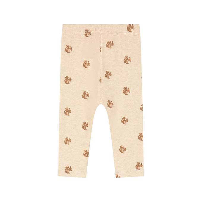 Beige heathered leggings with an all-over brown squirrel print, shown flat against a white background.