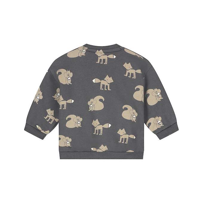 A dark gray long-sleeve sweatshirt with an all-over print of cartoon squirrels and foxes in beige and light brown, shown against a plain white background.