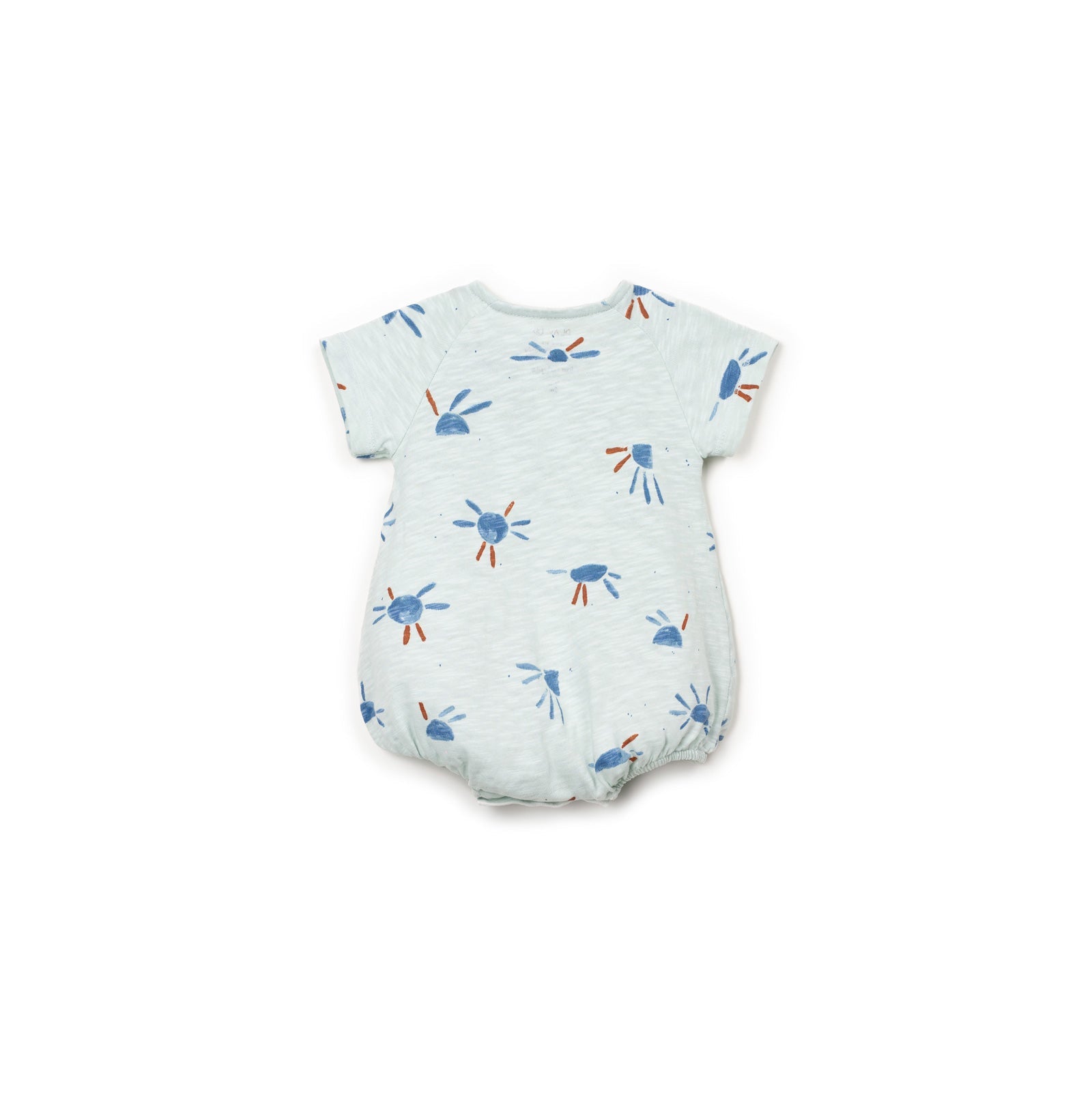 Baby romper with blue and orange patterns on a white background