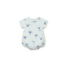 Baby romper with blue and orange patterns on a white background