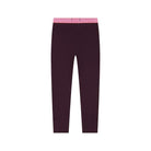 Dark plum purple leggings with a pink and white patterned waistband, shown flat against a solid white background.