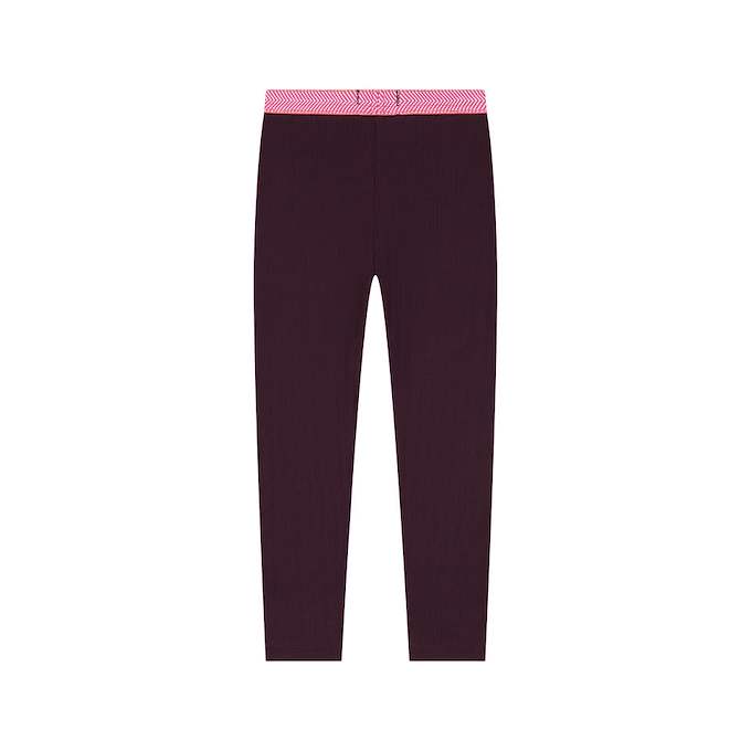 Dark plum purple leggings with a pink and white patterned waistband, shown flat against a solid white background.