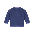A blue ribbed knit long-sleeve sweater shown from the back, featuring light purple/lavender scalloped trim along the neckline, cuffs, and hem, set against a plain white background.