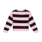 A pink and dark brown striped fuzzy knit sweater with long sleeves, shown flat against a solid white background.