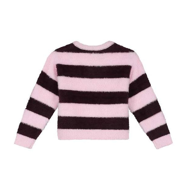 A pink and dark brown striped fuzzy knit sweater with long sleeves, shown flat against a solid white background.
