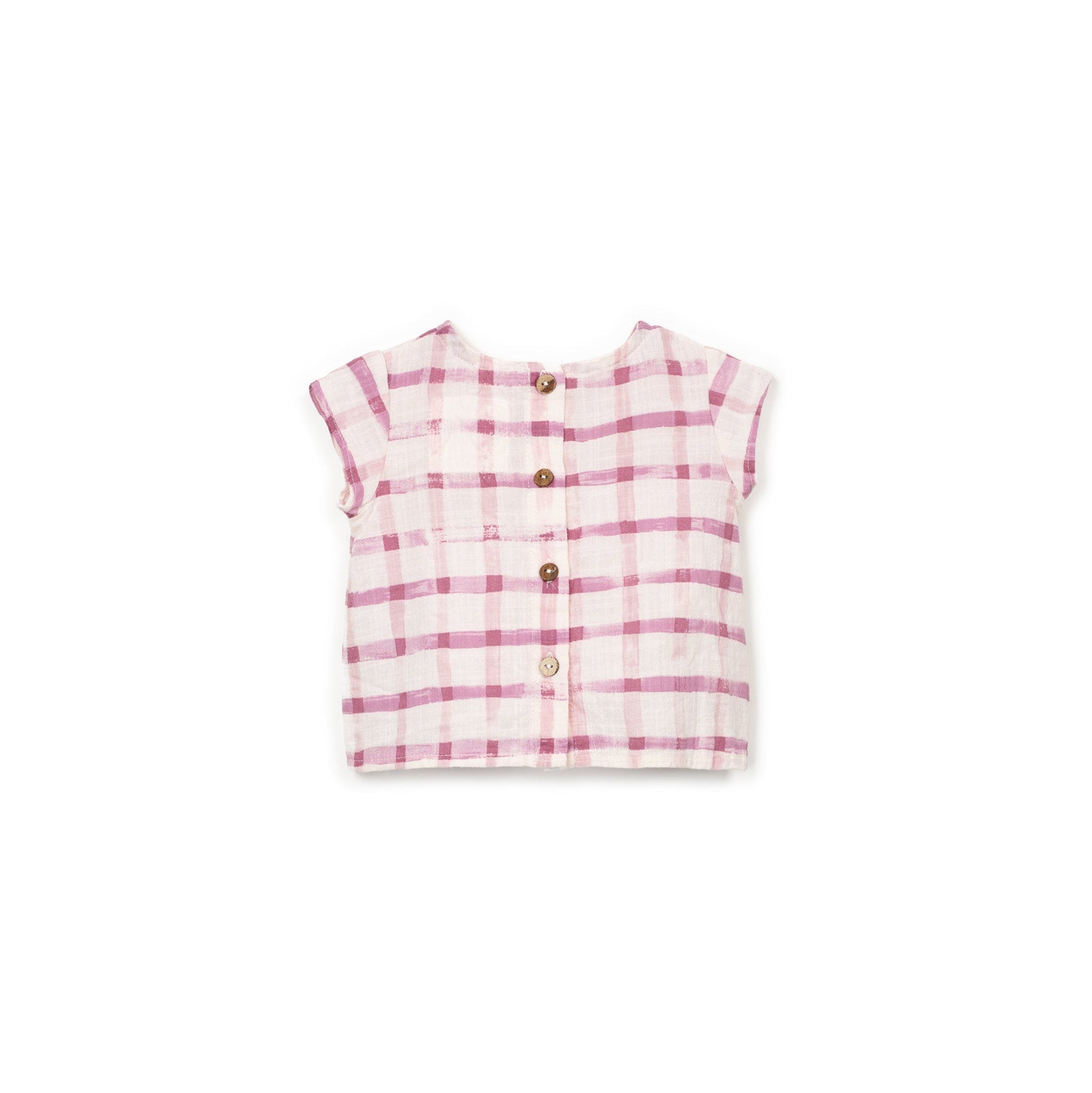Pink and white checkered sleeveless top on a white background