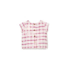Pink and white checkered sleeveless top on a white background