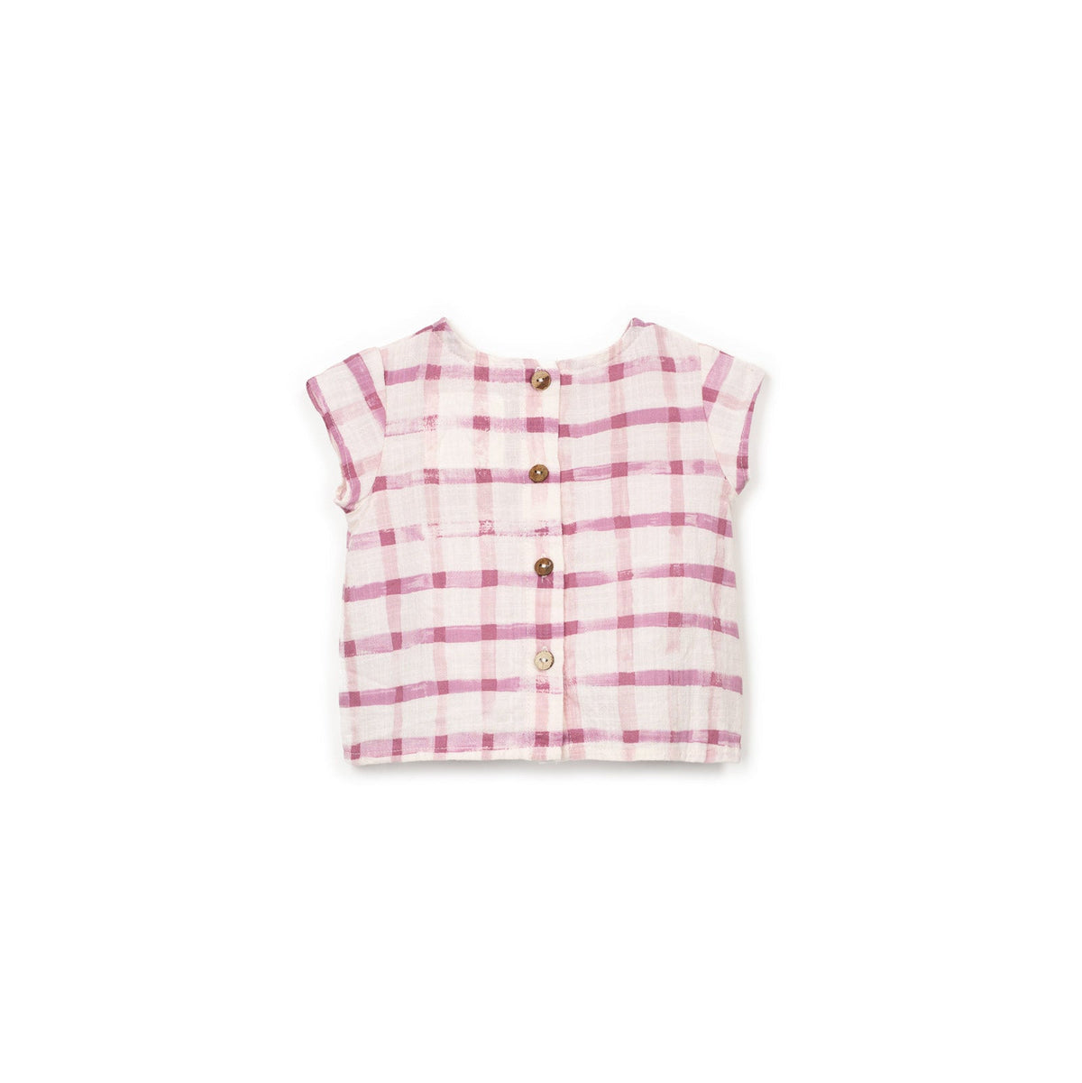Pink and white checkered sleeveless top on a white background
