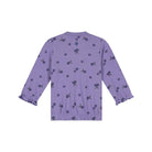 A purple long-sleeve top with an all-over berry print, featuring gathered elastic cuffs and a matching elastic hem, shown from the back on a white background.