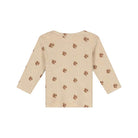 A beige long-sleeve baby shirt with a repeating brown squirrel print, shown flat against a white background.