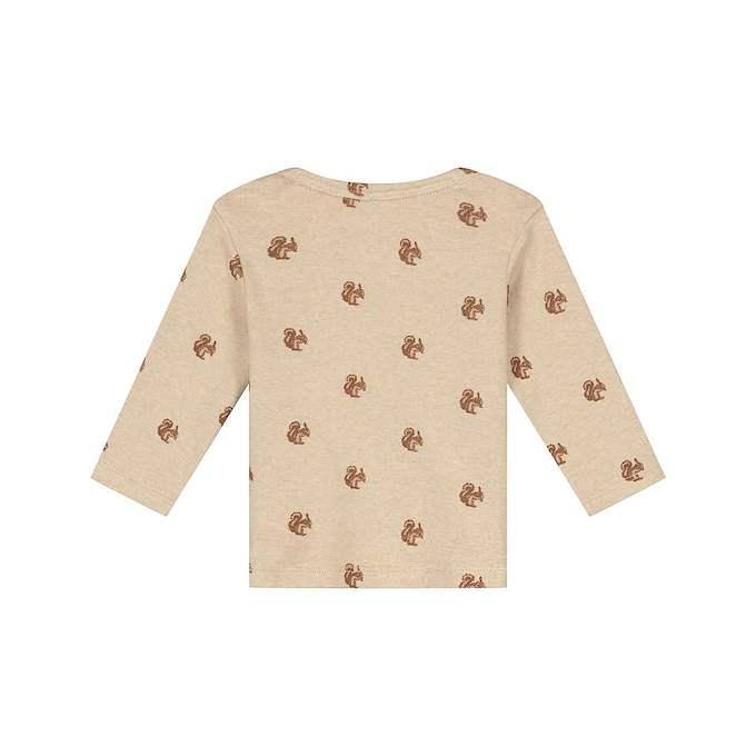 A beige long-sleeve baby shirt with a repeating brown squirrel print, shown flat against a white background.