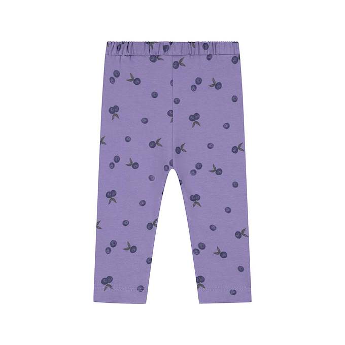 Purple leggings with an all-over berry print, featuring an elastic waistband and leg openings, shown flat against a white background.