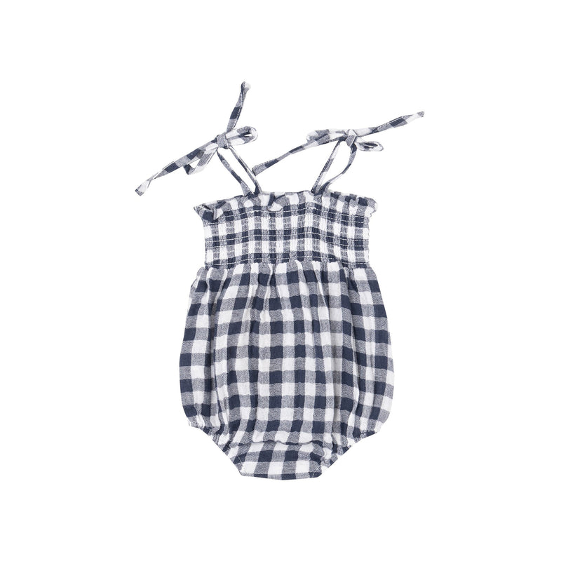 Muslin Tie Strap Smocked Bubble - Gingham Navy by Angel Dear