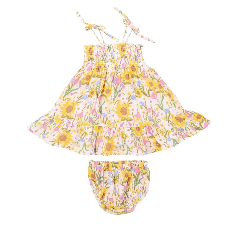 Tie Strap Smocked Sun Dress and Diaper Cover - Sunflower Dream Floral by Angel Dear