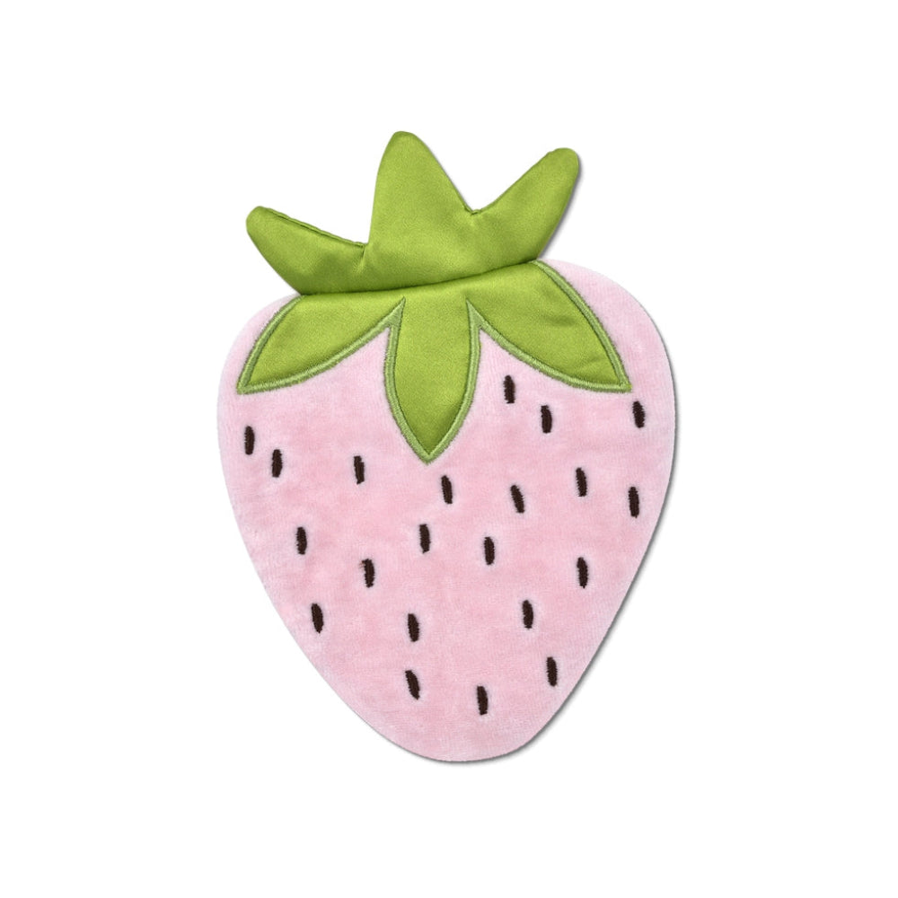Pink strawberry-shaped toy with green leaves on a white background