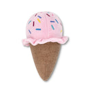 A plush ice cream cone toy with a soft pink scoop topped with colorful embroidered sprinkles and a brown textured cone, shown on a plain white background.
