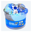 Cosmic ice cream with an astronaut toy on top, labeled 'Cosmic Ice Cream' on a white background.