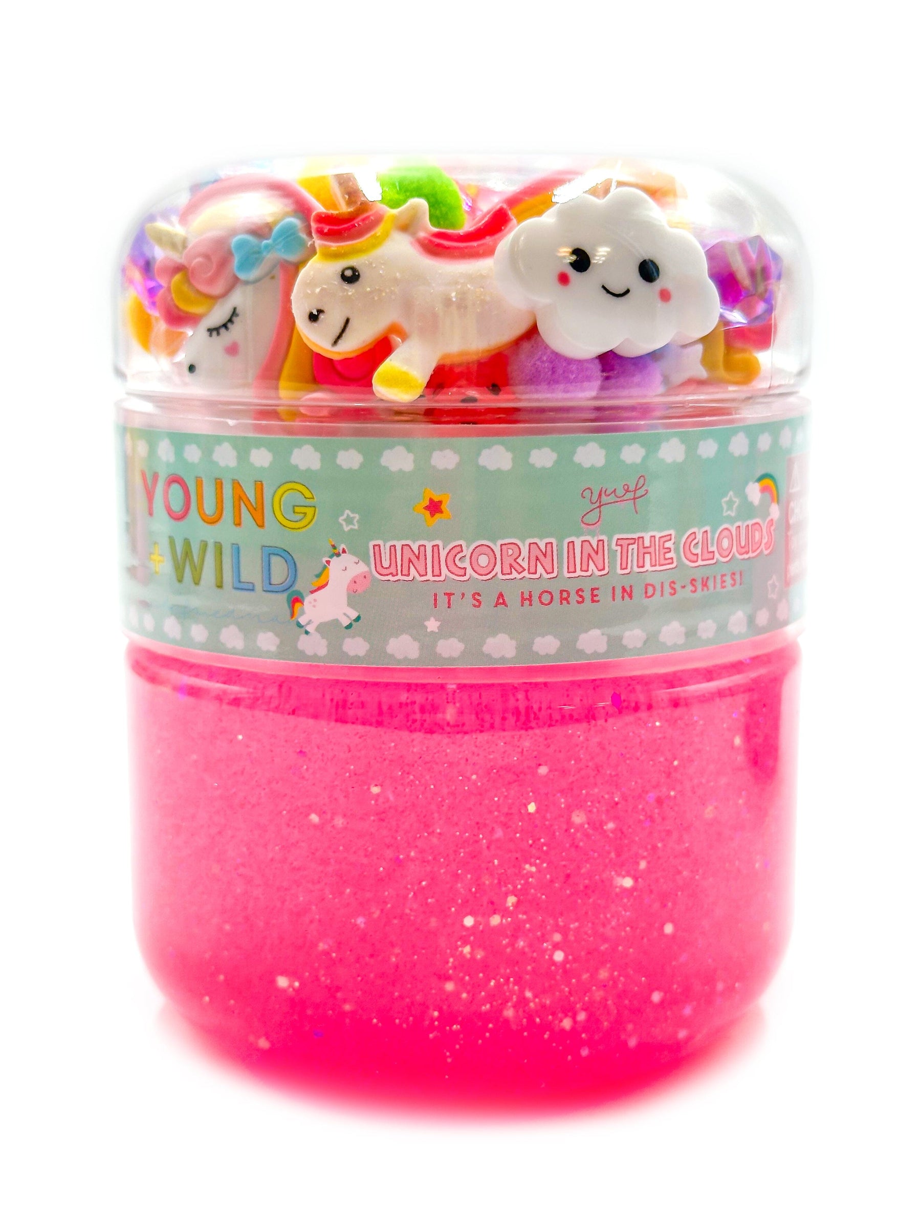 Jar of colorful squishies with a pink base, featuring cartoon unicorns and clouds on a white background.