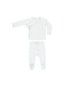 White baby outfit with long-sleeve top and pants on a white background