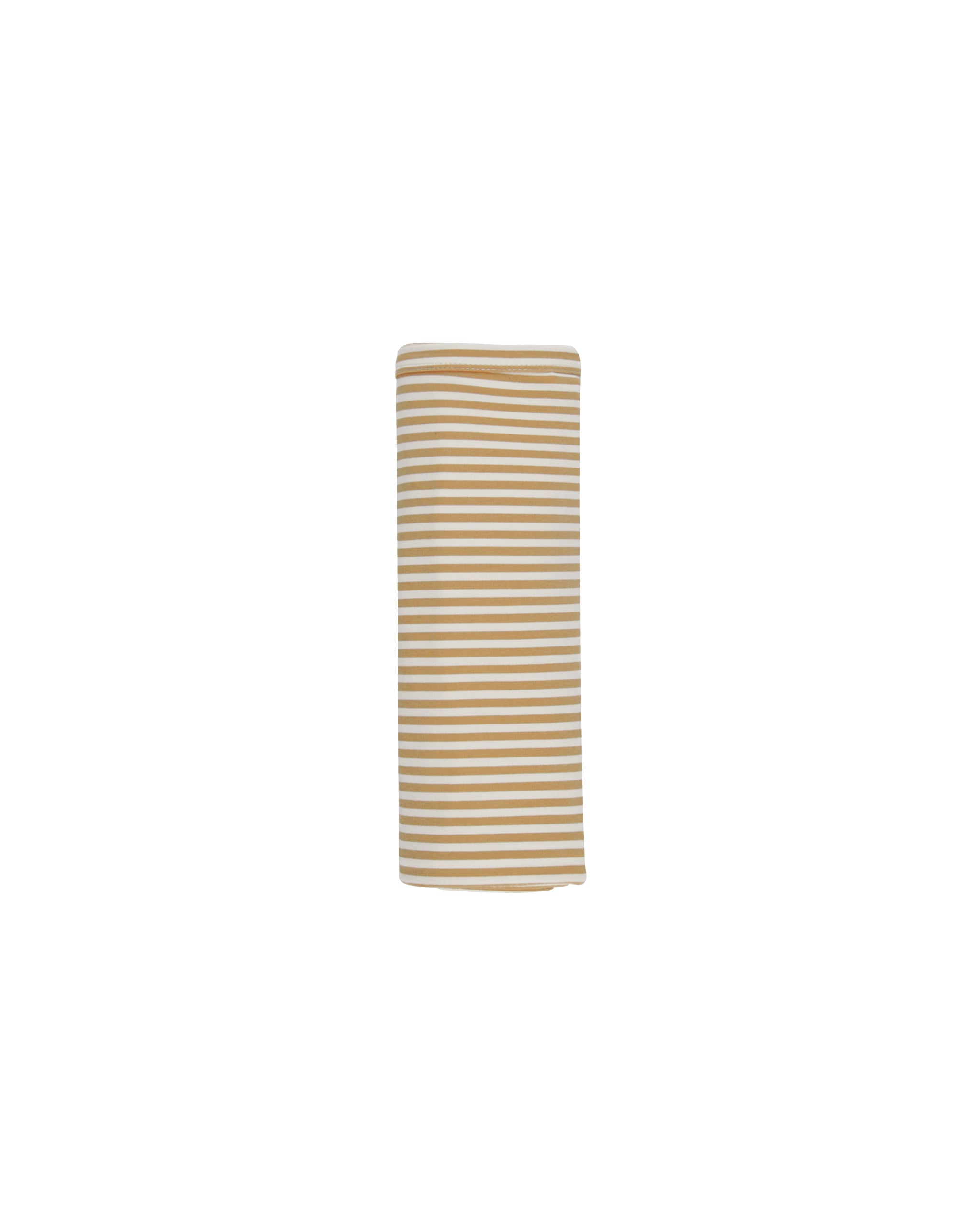 Striped fabric swatch with beige and white stripes on a white background