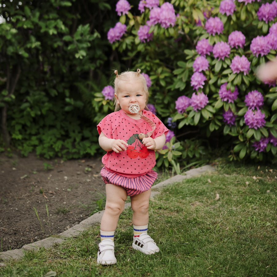 Child in a pink outfit standing in a garden with purple flowers