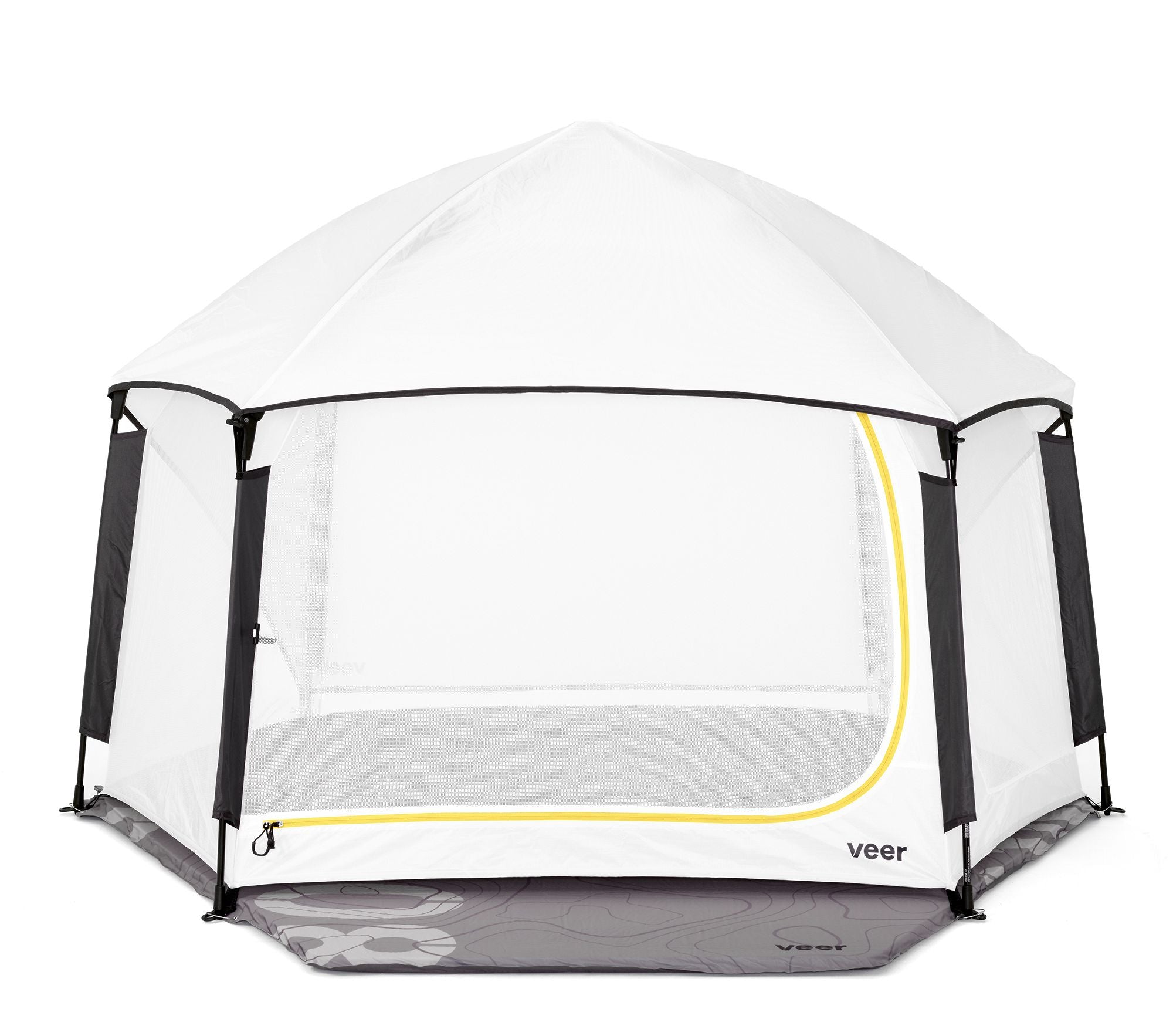 Portable playpen with clear panels and black frames on a white background