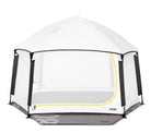 Portable playpen with clear panels and black frames on a white background