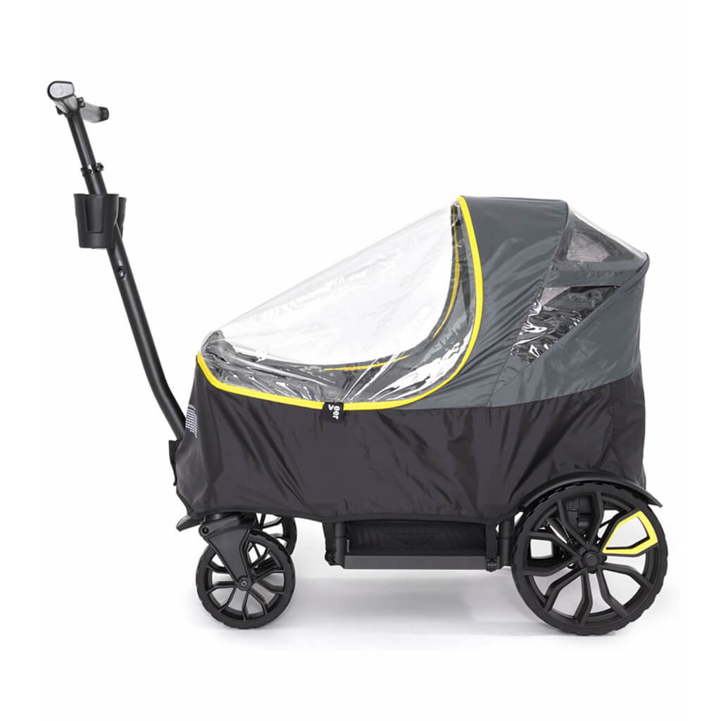 Black and gray stroller with a clear rain cover on a white background
